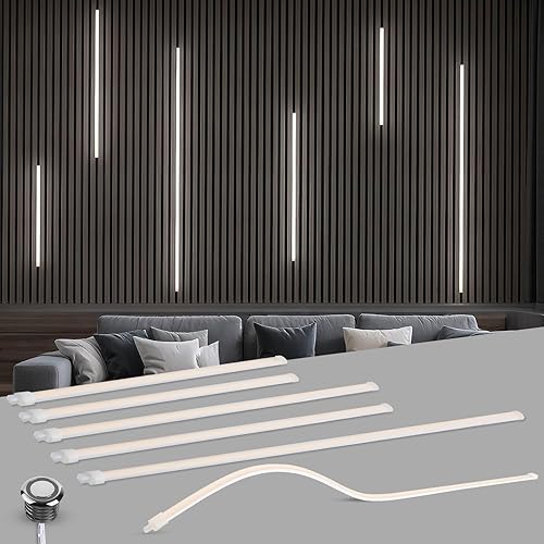 LED Recessed Lighting Kit 6pcs Self-Adhesive Daylight White 6000K LED Strip Lights with Touch Sensor Switch for Wood Slat Wall Panels, Headboards, Stairs, Under Cabinet, Home Decor