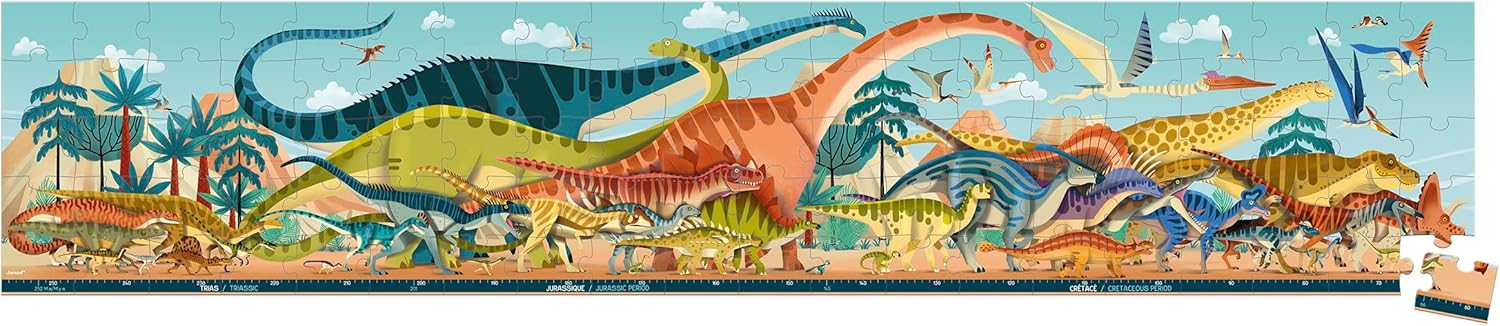 Janod 100 Piece Children’s Jigsaw Puzzle - Dino Panorama - Giftable Carrying Case with Fabric Handle - Learning and Exploration - Ages 6-10 Years - J02540