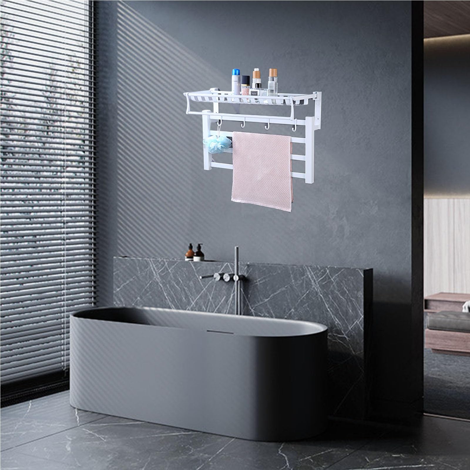 Termoarredo Elettrico, Scaldasalviette Elettrico da Bagno con Temporizzatori e Termostato, Portasciugamani a Parete con Vassoio Del Ripiano Superiore,Bianca,Right Line