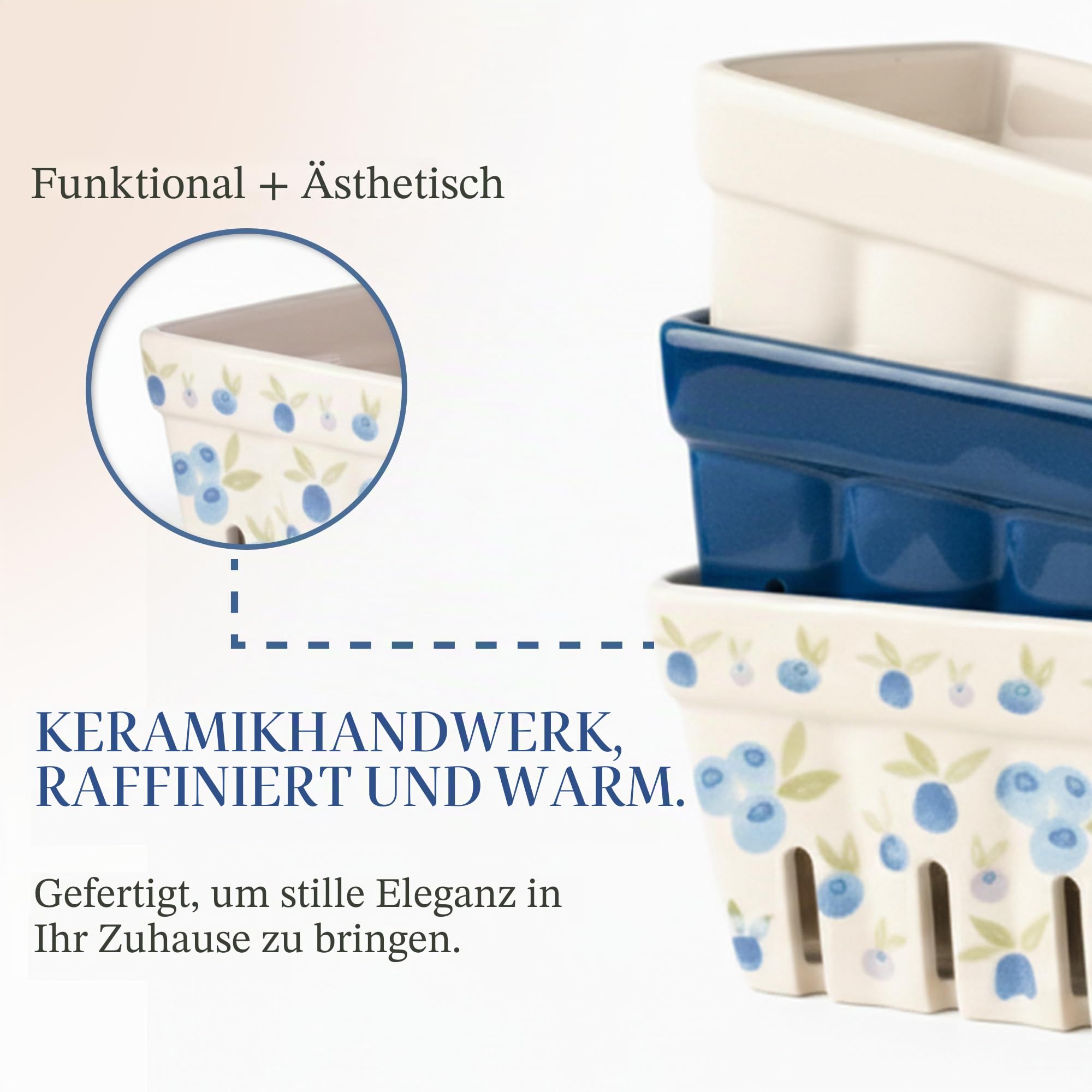 Farmhouse Keramik-Beerenkorb, Sieb, Farmers Market quadratische Schüssel rustikale Küchendekoration Obstschalen Obstkörbe Bleu Weiß und Blaubeere Muster Steingut Ernteschalen Set von 4 | Blaue, weiße und Blaubeer-Designs, Steingut, spülmaschinenfest, abtr