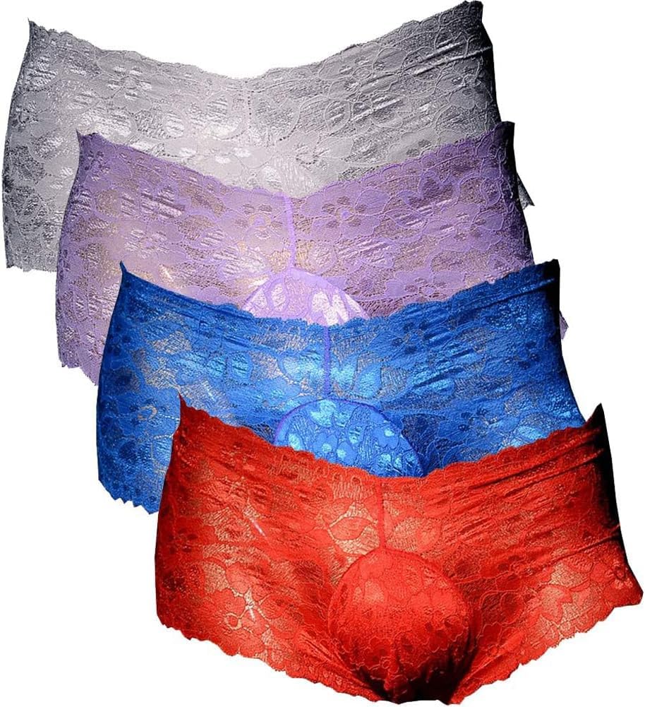 Men's Sexy High Elastic Sissy Panties Lace Bikini Briefs Thong G-String Shorts Lingerie Underwear with Pouch