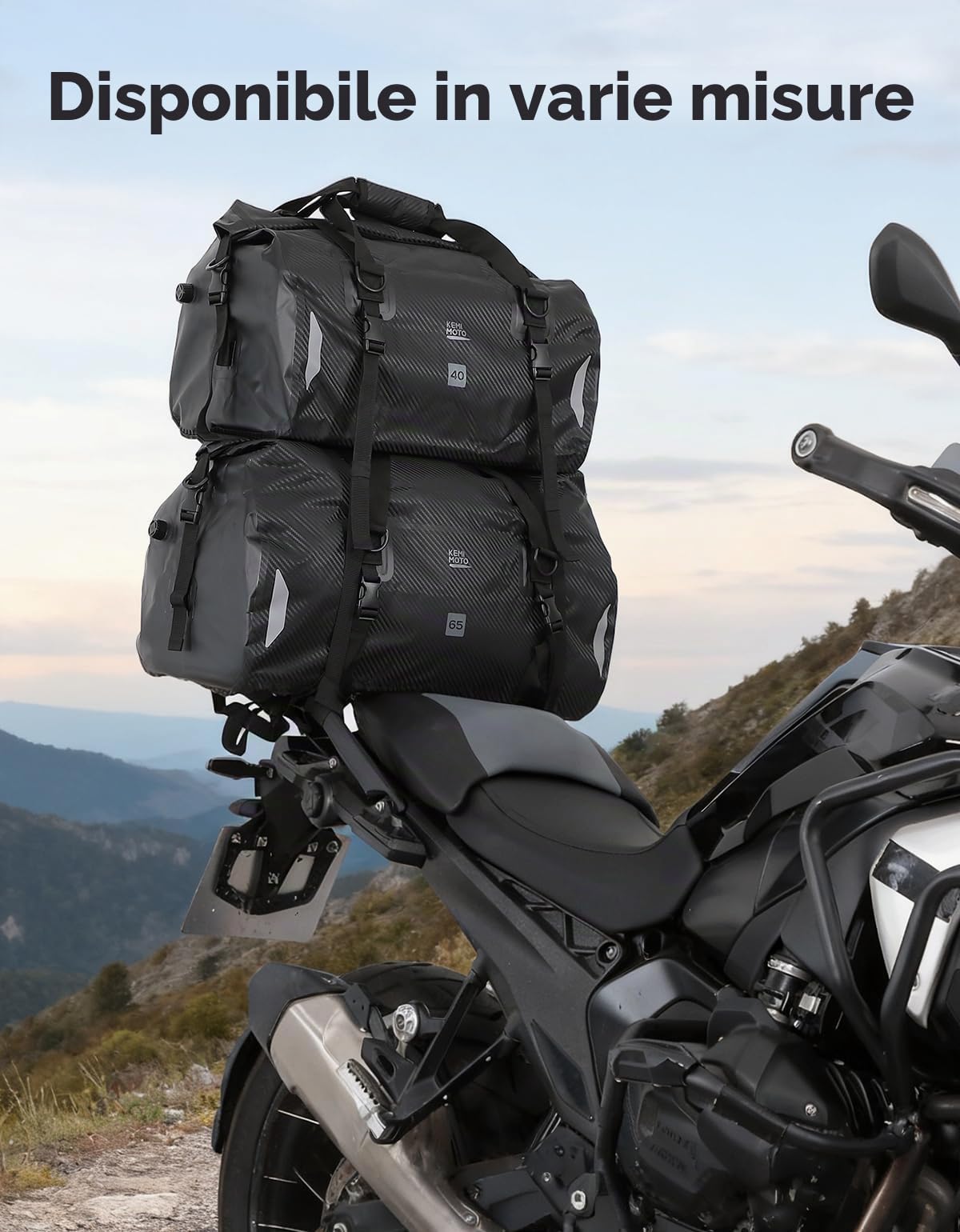 KEMIMOTO Borsa Moto, 65L Borsa Posteriore Moto Impermeabile con Tracolla, Borsa Sella Motociclo con 4 Cinghie di Fissaggio per Motociclismo, Ciclismo, Campeggio, Viaggio