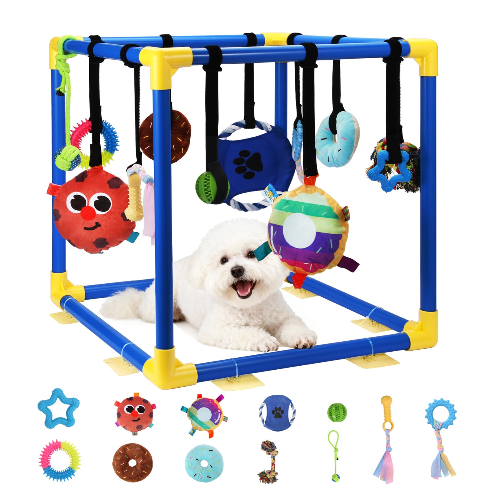 Photo 1 of VYNALTIX Puppy Play Gym with 12 Toys, Removable Dog Enrichment Playground, Interactive Indoor Training Activity Center for Small Dogs & Puppies, Teething & with Squeaky Toys, Fixable, 12 Toys