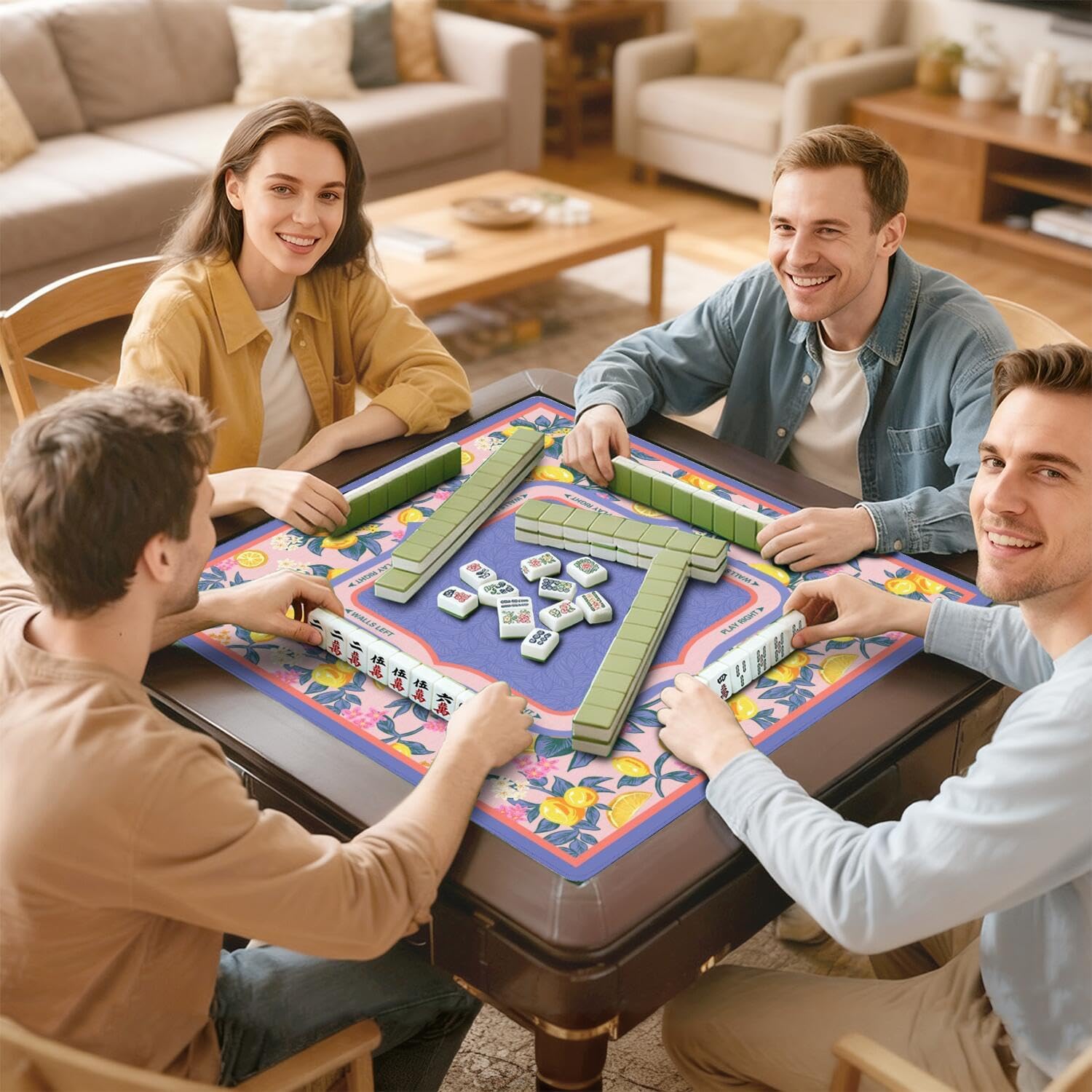 Purple Mahjong Mat for Table, 31.5 * 31.5in Anti Slip Mahjong Table Cloth, Noise Reduction, Neoprene Mah jongg Mat with Carrying Bag & 3 Dices, Poker Board Tile Games Mats, Lemon Tree 2
