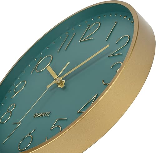 Miniatura 32 de Foxtop Reloj de pared dorado de 12 pulgadas, silencioso sin tictac, funciona con pilas, reloj de pared redondo de cuarzo moderno para oficina, sala