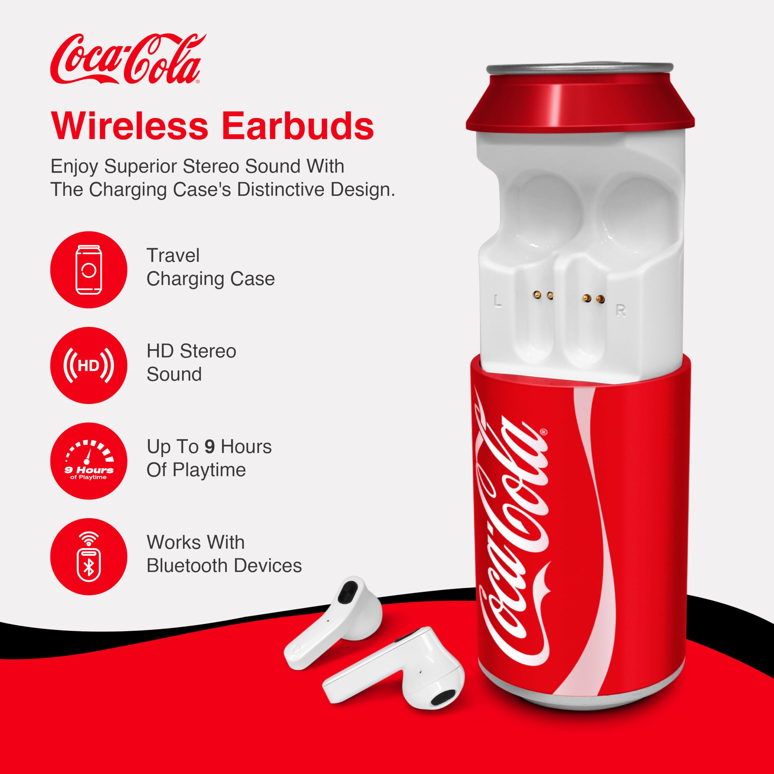 Gabba Goods Coca-Cola Can Shape Charging Case Wireless Bluetooth Earbuds with Voice Assistant Compatible, Built-In Mic, 9H Playtime, HD Stereo Sound - True Ear Buds for Apple & Android (Coca Cola)