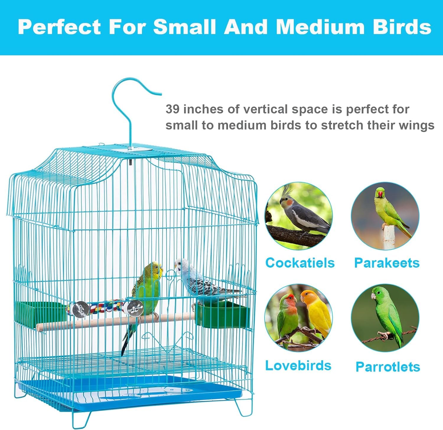 Artykuły Dla zwierząt Ptaki Podróżna Klatka Dla Ptaków Przystawka Dla Małych Ptaków Dla Papug Lovebirds Parrotlets Zięby Kanarki Wyjmowana Plastikowa Taca Klatka Dla Papug(Blue)