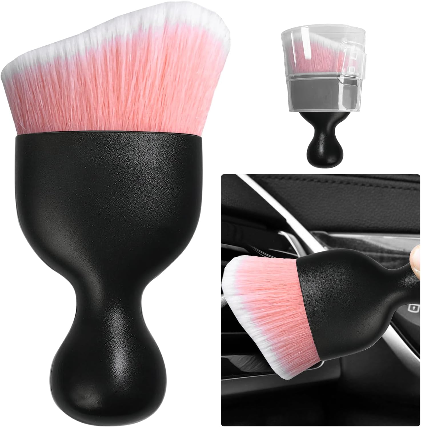 Ziciner Car Detailing Brush, Curved Soft Bristles Auto Removal Dust Collectors, Universal Vehicle Dashboard, Air Conditioner Vents etc Interior Cleaning Tool Accessory (Pink/White)