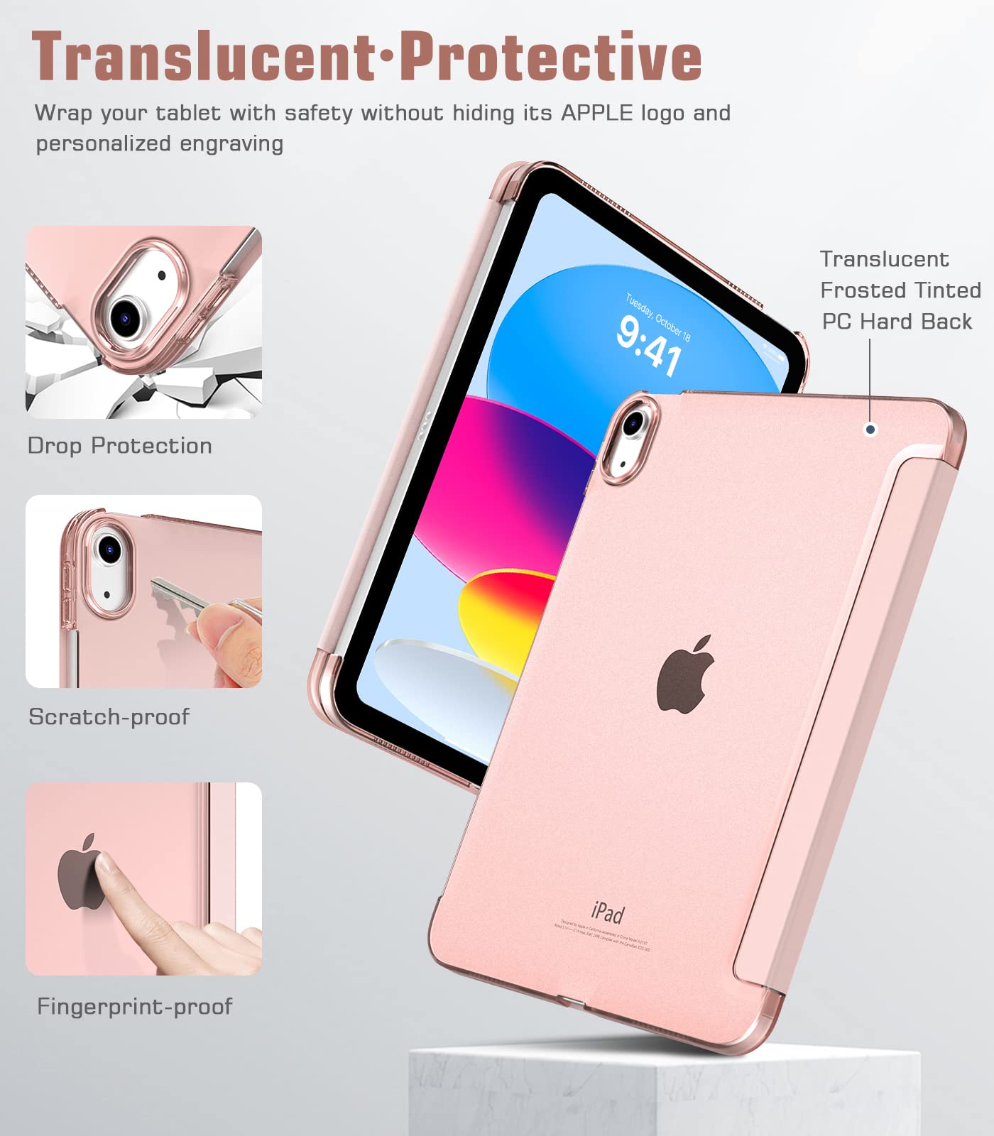 TiMOVO Custodia per Tablet Compatibile con iPad 10 Generazione 10,9" 2022, iPad 10 Cover con Retro in PC Rigido Semi-Trasparente, Funzione di Auto Sveglia/Sonno, Oro Rosa