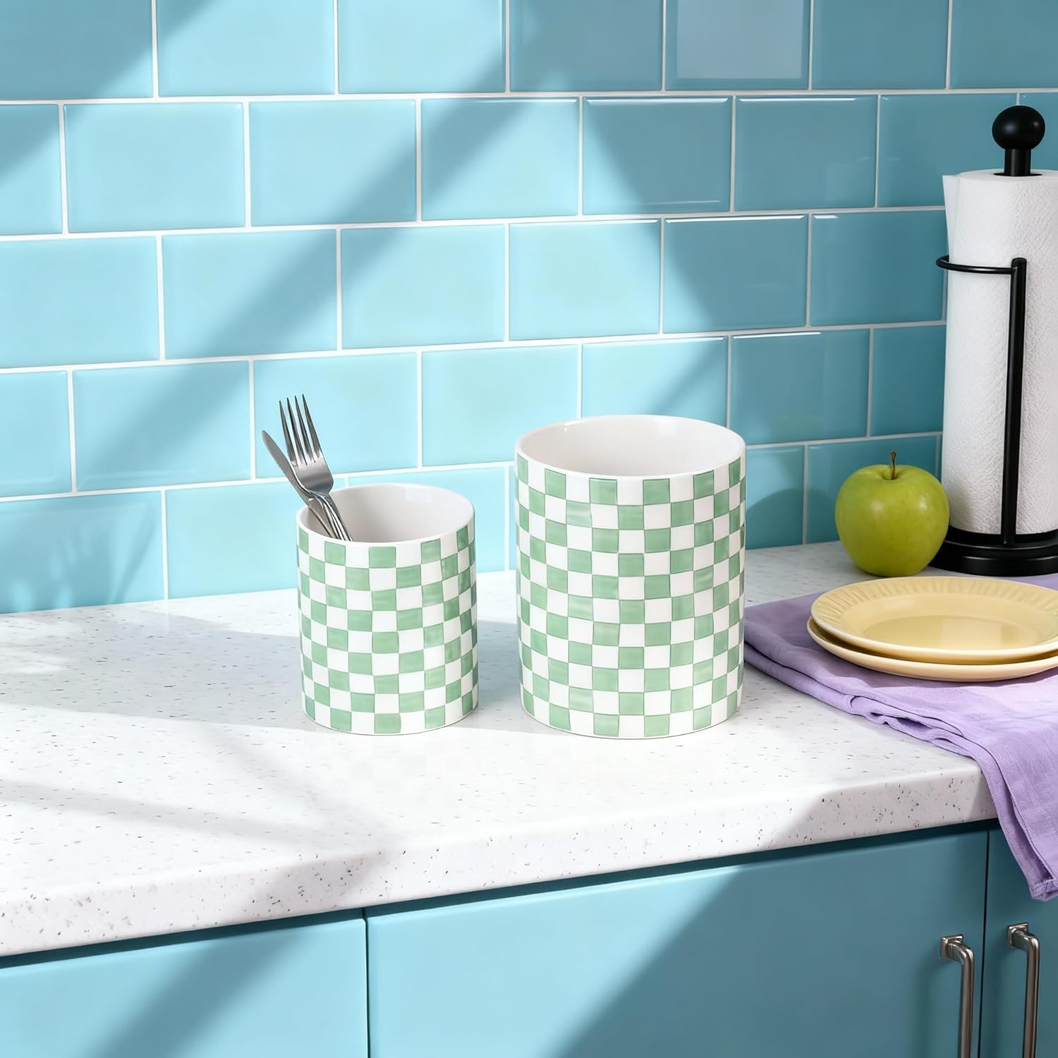 Checkered Kitchen Utensil Holder,Green Ceramic Cooking Utensil Holder Modern Utensil Crocks for Kitchen Counter,Housewarming Gift, Farmhouse Kitchen Decor and Accessories (6.3in+4.8in)