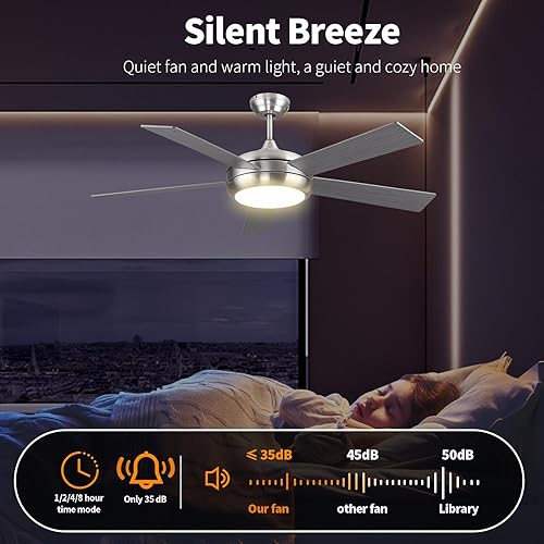 Miniatura 10 de Ovlaim Ventiladores de techo inteligentes de madera de 52 pulgadas con control remoto de luces, 3 aspas oro blanco moderno ventilador de techo de