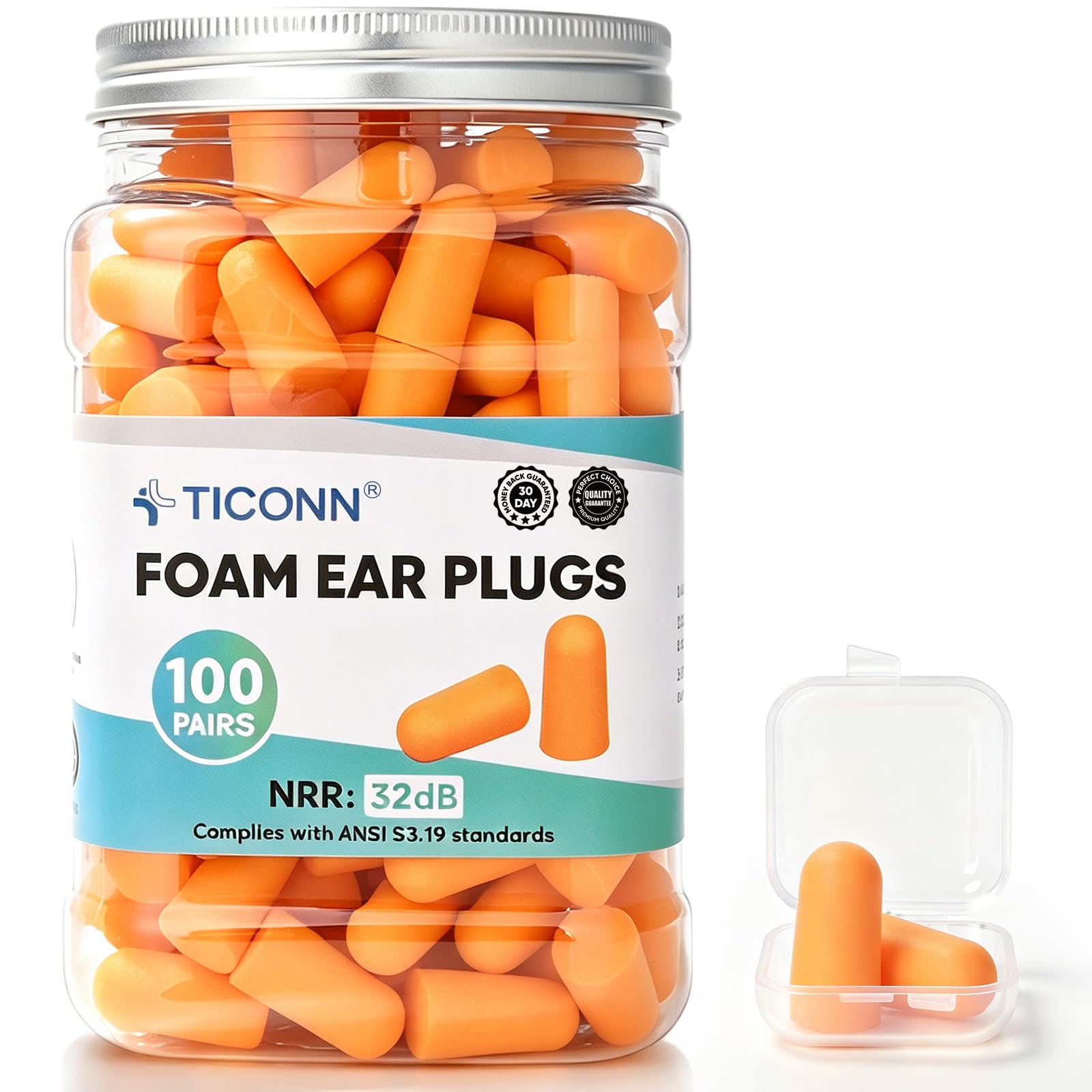 TICONN 100 Pairs Foam Ear Plugs Bulk Pack, 32 dB NRR Noise Cancelling