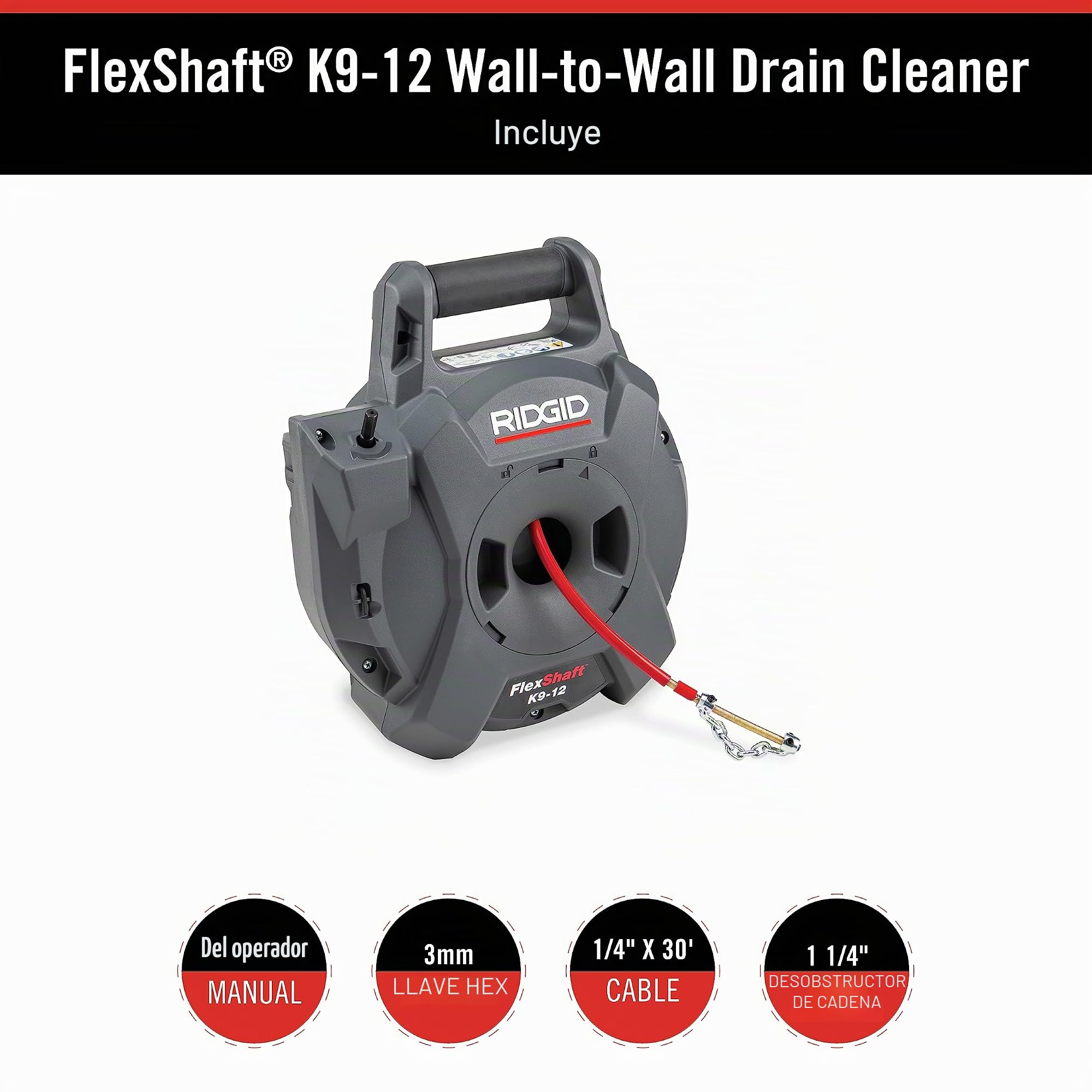 FlexShaft Limpiador de desagües de pared a pared, 1/4 pulgadas. x 30 pies. Limpia 1-1/4 pulgadas. a 2 pulgadas. Tubos a capacidad de flujo completo
