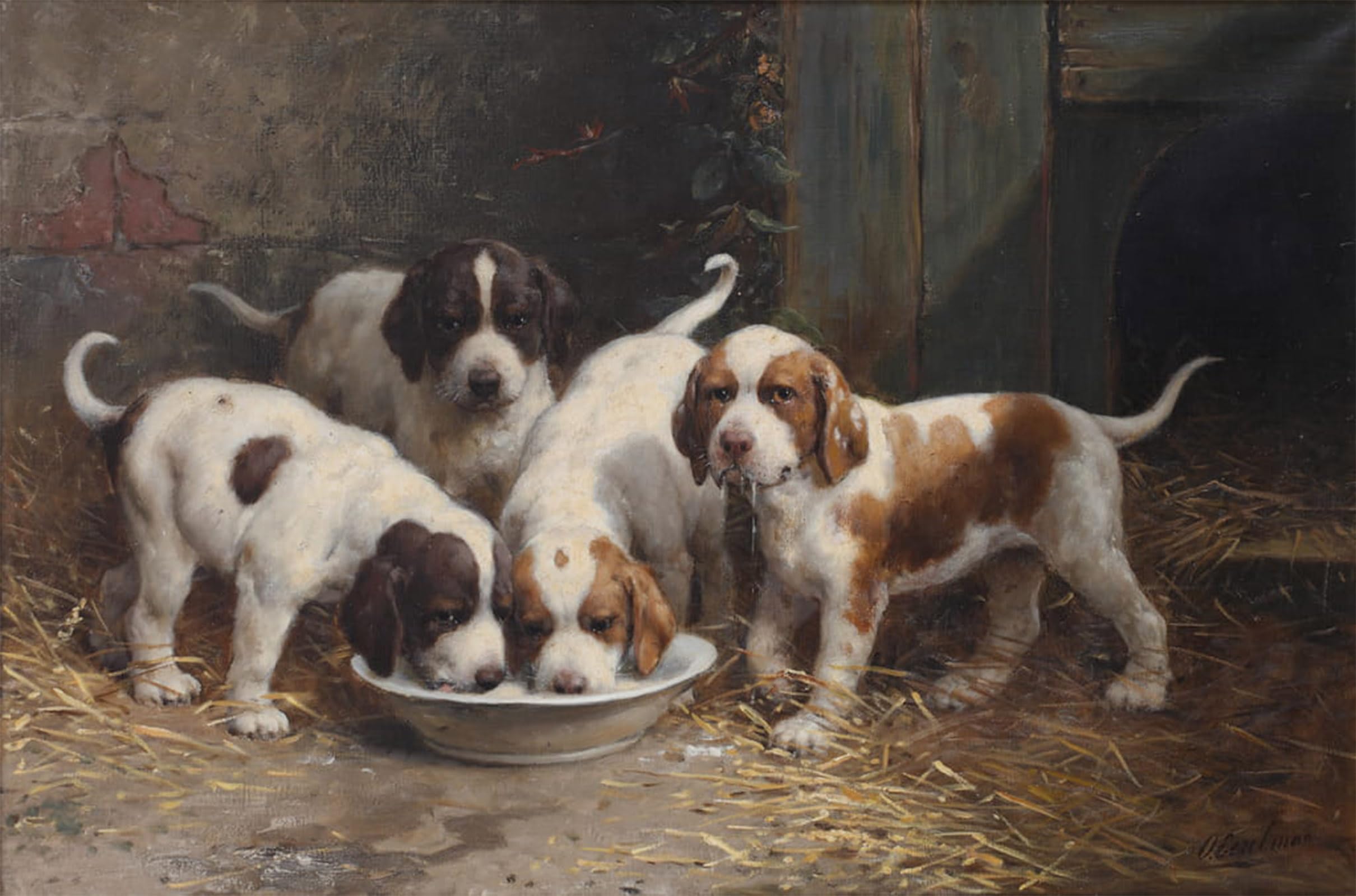 SERENDIPITP Vintage Picture Print on Canvas Wall Art Poster Saint Bernard Puppies Drinking Milk by Otto Eerelman Artwork Print Poster for Wall Decor 60x90cm