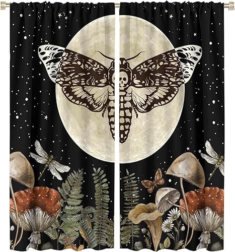 Cortinas de ventana de polilla de la muerte, diseño gótico de calavera de azúcar vintage, hongos y mariposas, cortinas de ventana bohemias con