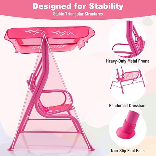 Miniatura 4 de HONEY JOY Columpio para patio para niños, columpio de 2 plazas para porche al aire libre, con toldo ajustable y cinturón de seguridad, columpio