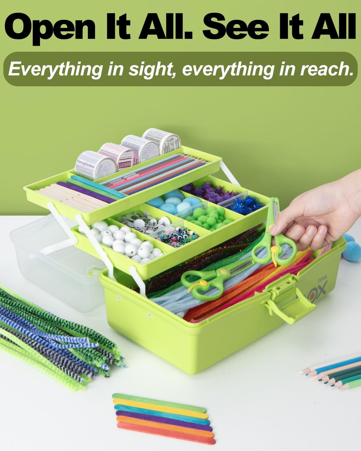 12in 3-Layer Plastic Craft Organizers and Storage, Portable Folding Tackle Box with Handle & Adjustable Dividers, Multipurpose Case for Sewing, Art Supplies, Medicine, Tools (Green) - Image 5