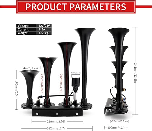 Miniatura 5 de FARBIN Bocina de aire de 4 trompetas de 1224 V, 178 DB, bocina de aire súper fuerte con solenoide eléctrico, universal para tren, camión, SUV,