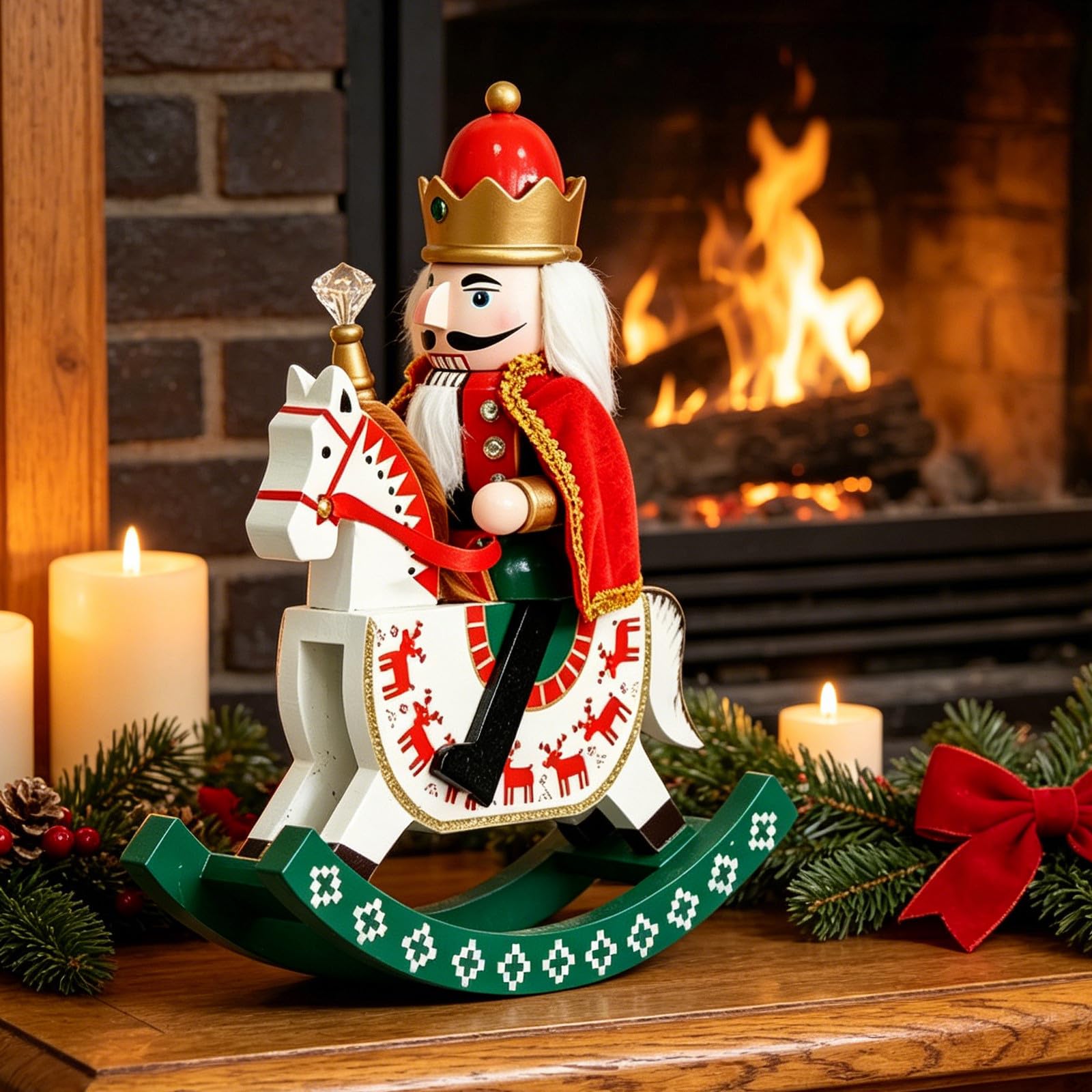 Amosfun Weihnachtliche Holz Nussknacker Figur mit Schaukelpferd Design und Stoffumhang Sanft Schwingend für Vielseitige Dekoration im Festlichen Zuhause