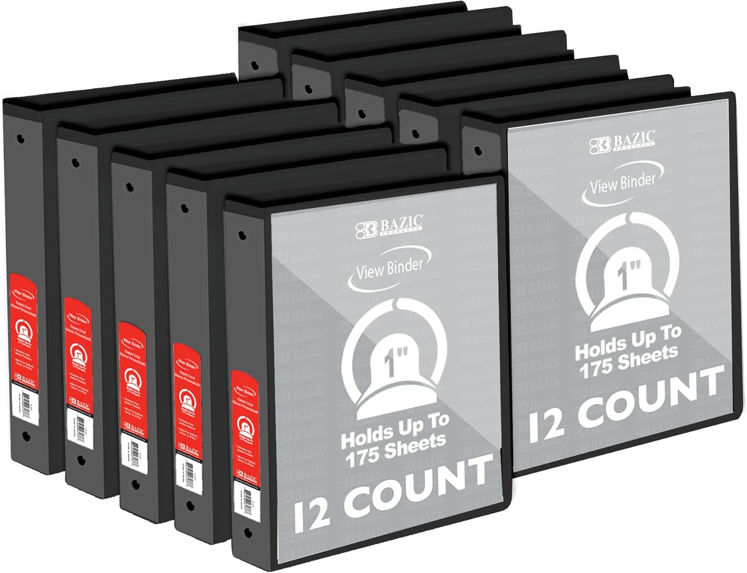 BAZIC Products 3 Ring Binder - Black, Economy View Binder with Clear Overlay Cover and Round Rings, Organizer for School Office Home Use, 1-inch Capacity Holds 175 Sheets Paper, 12-Pack