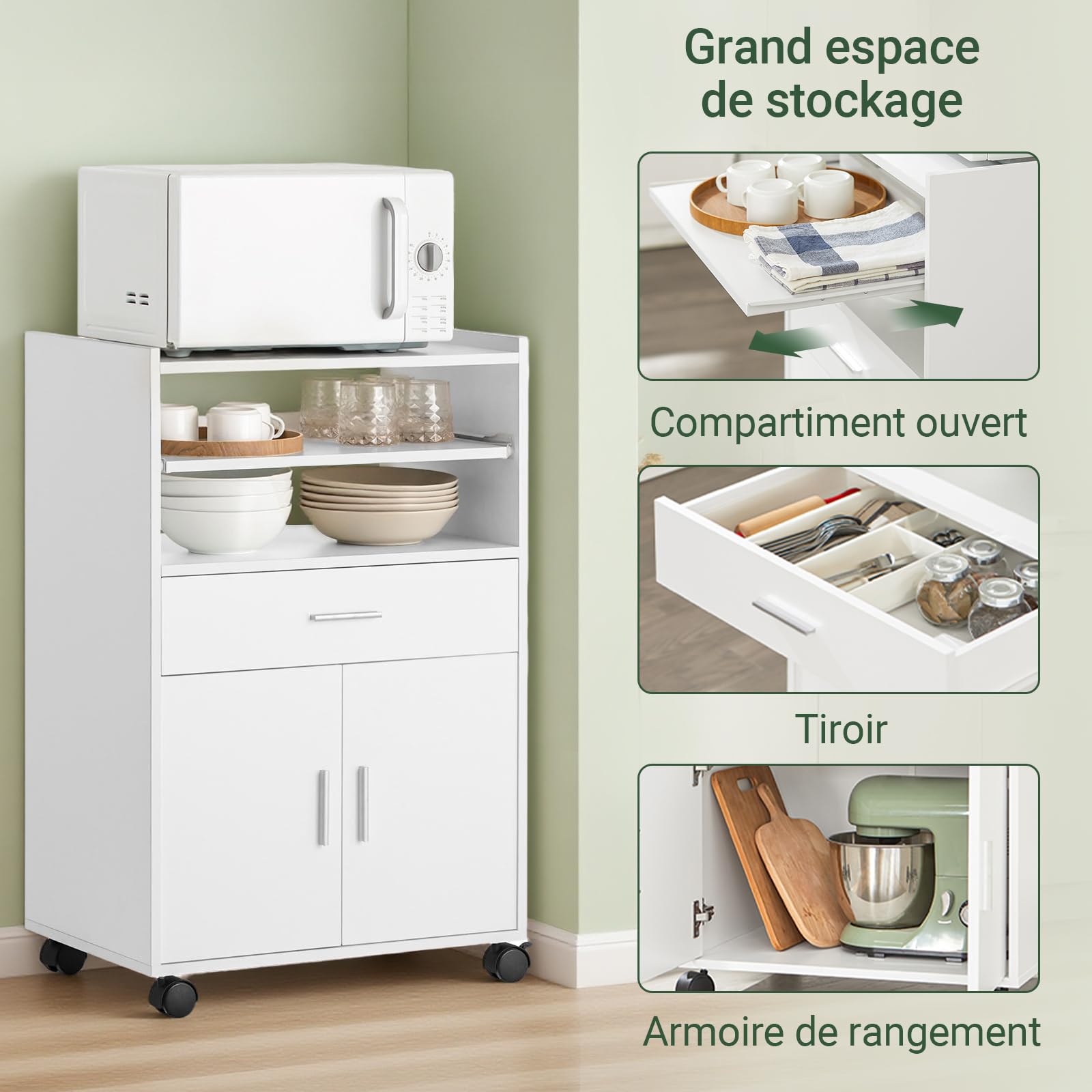 SoBuy Chariot de Cuisine sur roulettes avec Plan de Travail Extensible Meuble de Rangement pour Micro-Ondes Meuble Cuisine Blanc 92×59×40 cm Idéal pour, Bureau ou Salle à Manger FSB09-W