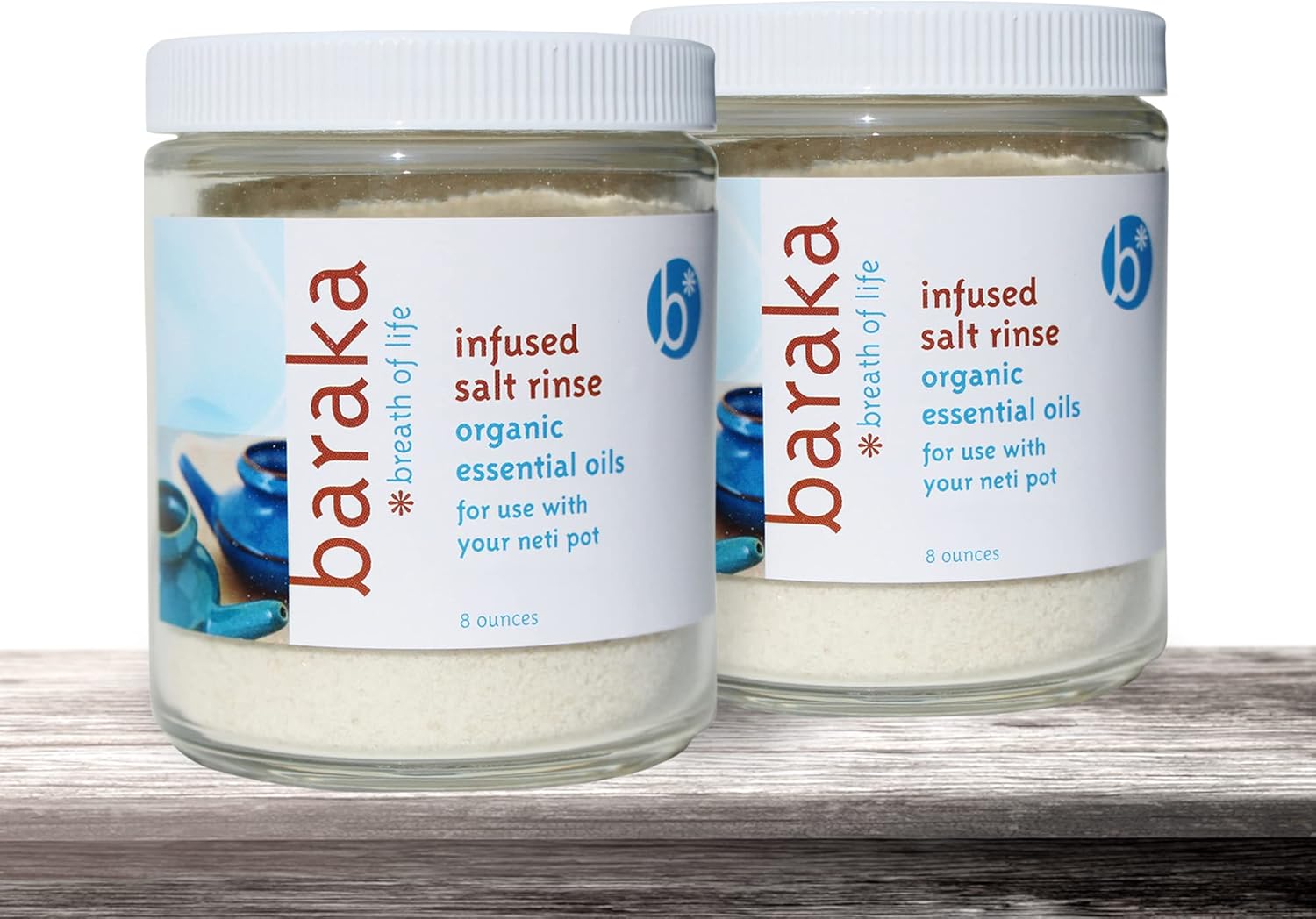 Baraka Infused Sea Salt - Sinus Rinse & Nose Cleaner, Nasal Rinse for Ceramic Neti Pot, Neti Salt w/Essential Oils of Virginia Cedarwood, Palmarosa, Green Myrtle, Fir Balsam & Rosemary - 8oz 2-Pack