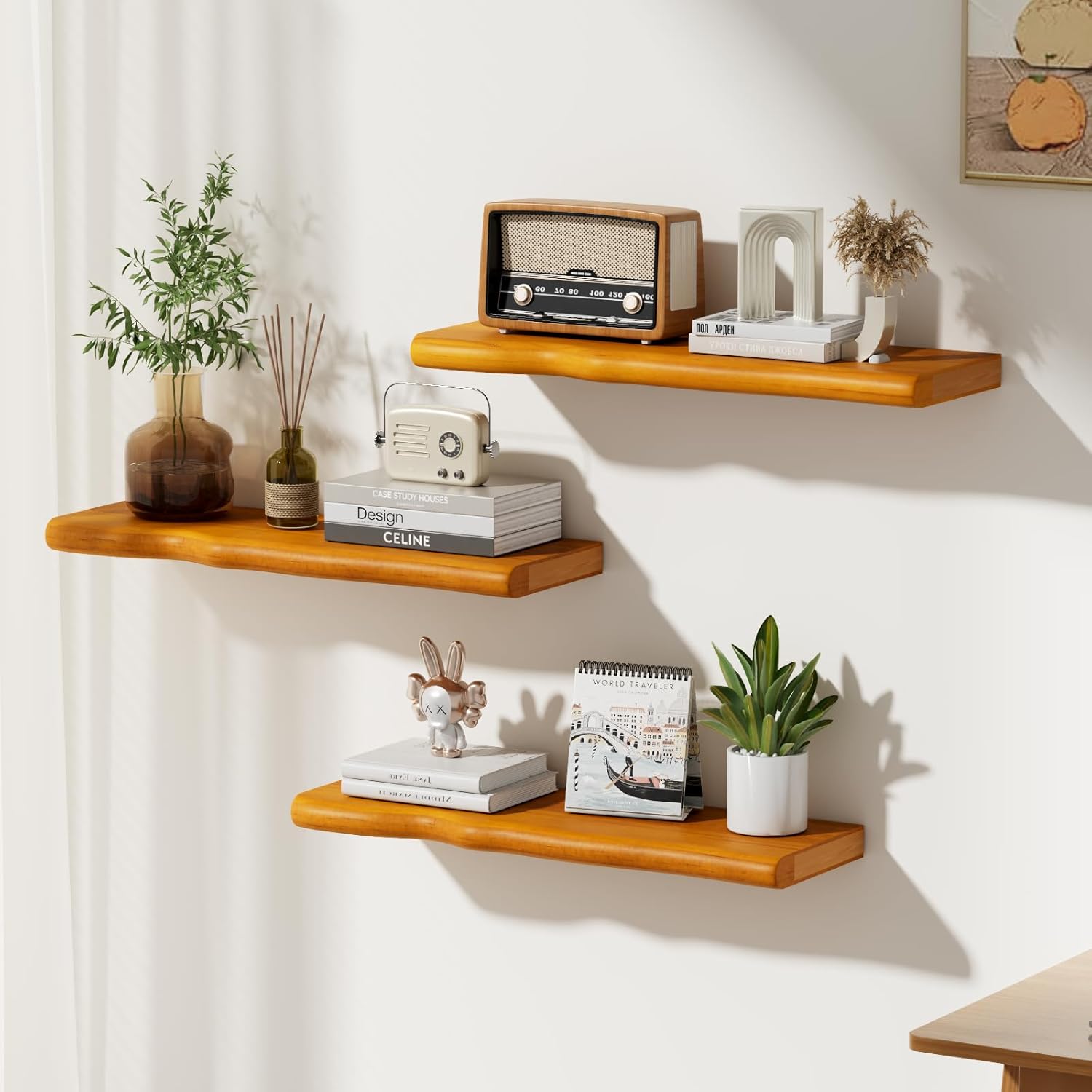 floating shelves for wall rustic farmhouse 24 inch floating shelf wooden shelves for wall mounted live edge pine shelf with unique natural grain for living room bedroom kitchen (honey walnut) honey walnut 24 inch - 2pcs