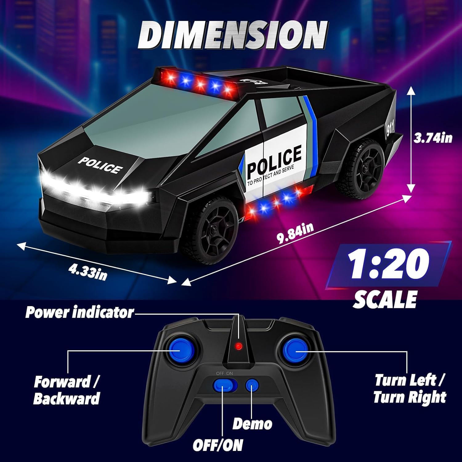 MACALOCA Remote Control Car Toys, 1:20 Police Theme RC Truck with Flashing LED Lights and Loadspace, 2.4 GHz Rechargeable Racing RC Cars Vehicle Toys for Kids Boys Girls 3 5 7 10, Summer