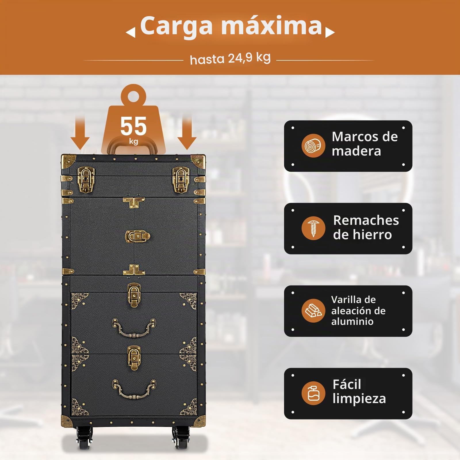 Maleta de peluquería con ruedas, maletín de maquillaje grande con bloqueo de contraseña, maletín de belleza de aluminio, 39 x 26 x 82 cm, maletín profesional de peluquería, maletín de maquillaje con