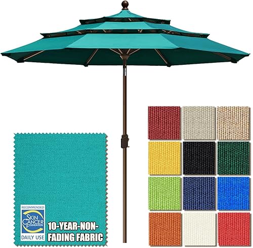 EliteShade USA 10-Year-Non-Fading 9Ft 3 Tiers Market Umbrella Patio Umbrella Outdoor Table Umbrella with Ventilation, Teal Teal,Antique Beige,Macaw