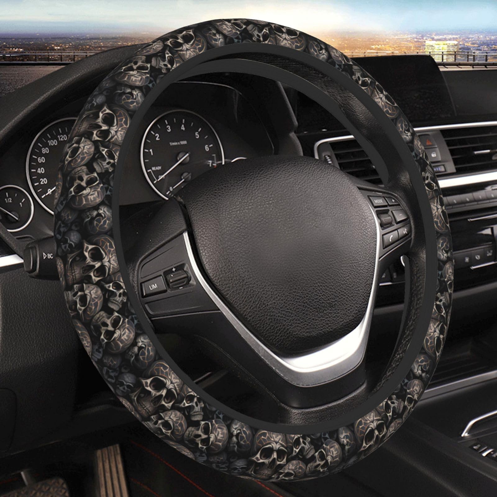 Gothic Black Skull Universal Steering Wheel Covers, Cute Car Accessories for Women Girls Car Truck