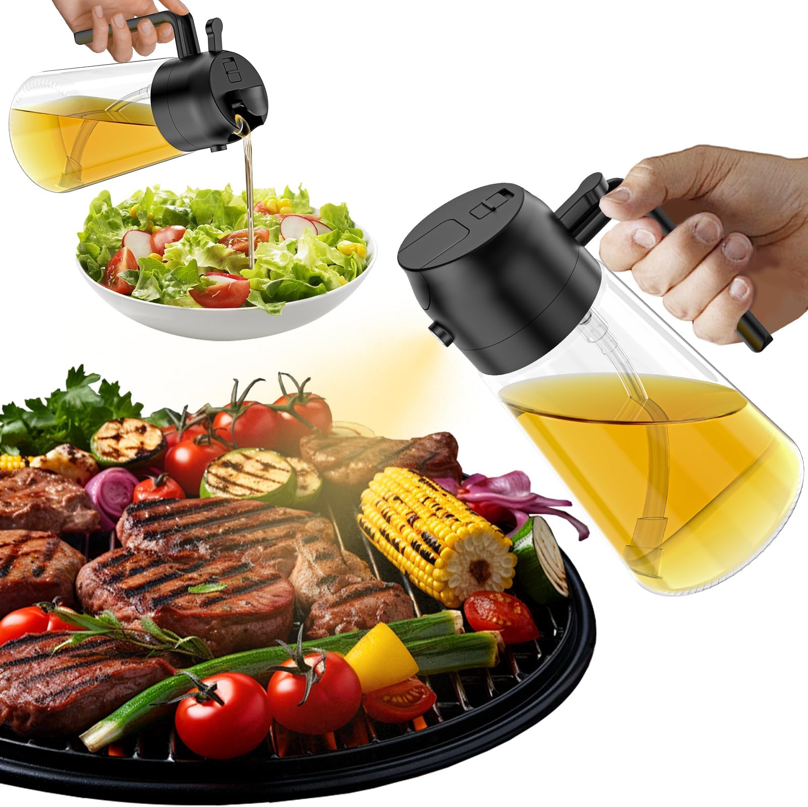 Oil Sprayer for Cooking,2 in 1 Olive Oil Dispenser Bottle for Kitchen,16oz/470ml Spray & Pour Oil Dispenser Bottle,Glass Olive Oil Spritzer,Food-grade Oil Mister for Air Fryer,Salad,Frying,BBQ (Black)