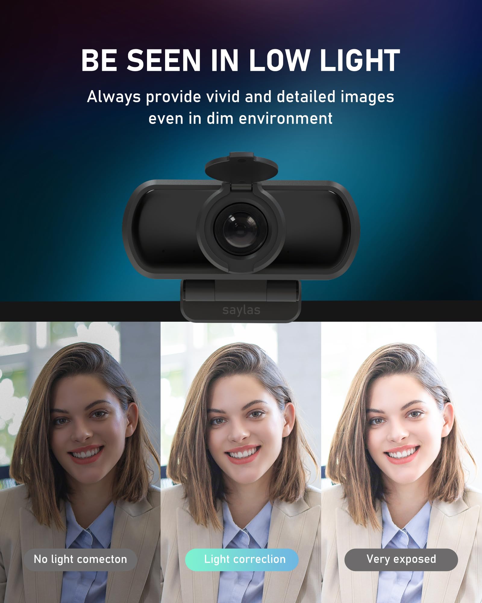 saylas Kamera internetowa 1080P do komputera z mikrofonem, 100° FOV, kamera internetowa USB z osłoną prywatności i statywem, kamera komputerowa Plug & Play do rozmów online, Zoom/zespołów/Facetime
