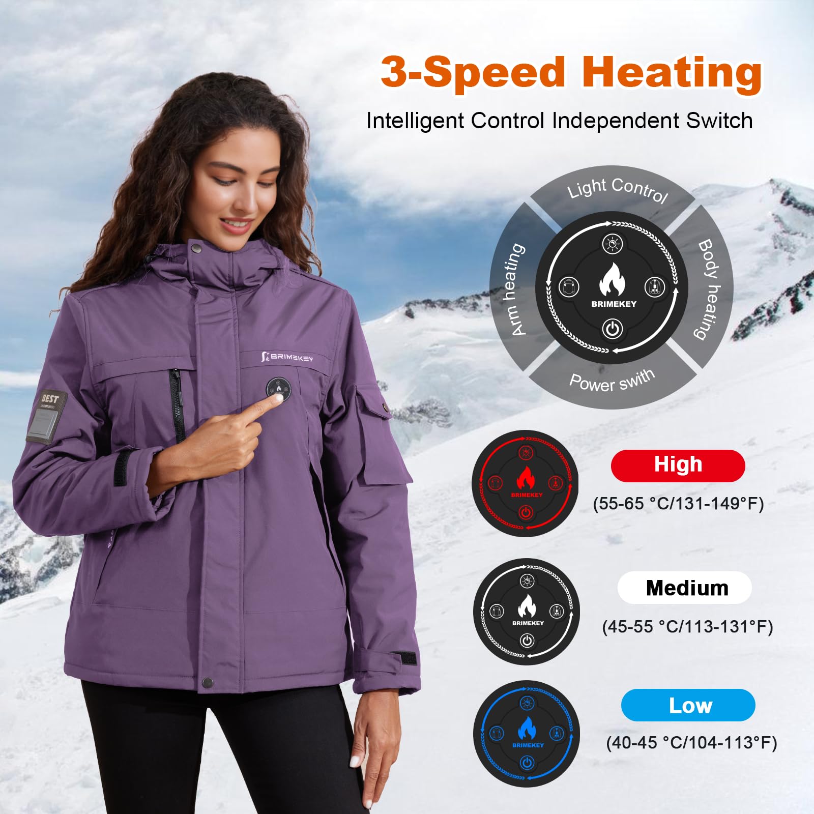 Beheizbare Fleece Jacke Damen mit 20000mAh Akku, Wasserdichte & Winddichte Beheizte Skijacke Kapuze mit 6 Heizzonen & 3 Stufen, Heizjacke für Skifahren, Snowboarden, Wandern, Wintercamping