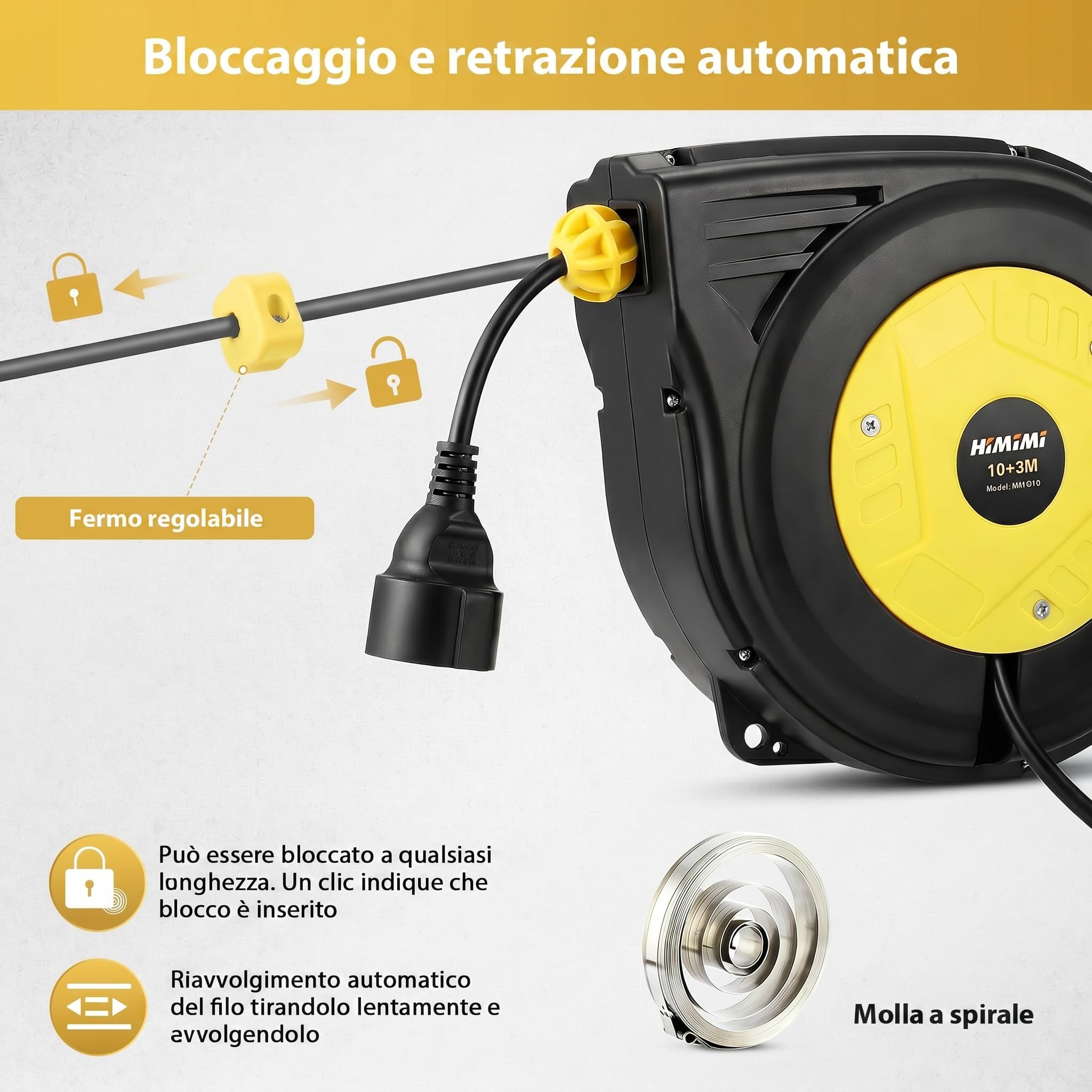 Himimi Avvolgicavo telescopico automatico da 13 m, avvolgicavo da 1250 W-2000 W, con protezione da sovraccarico, impermeabile, per interni/esterni, montaggio a parete/soffitto, rotazione di 180°