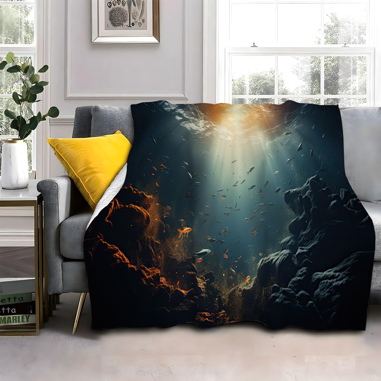 Couverture polaire poissons 180x200 cocooning canapé salon et bureau couverture douce pour hiver