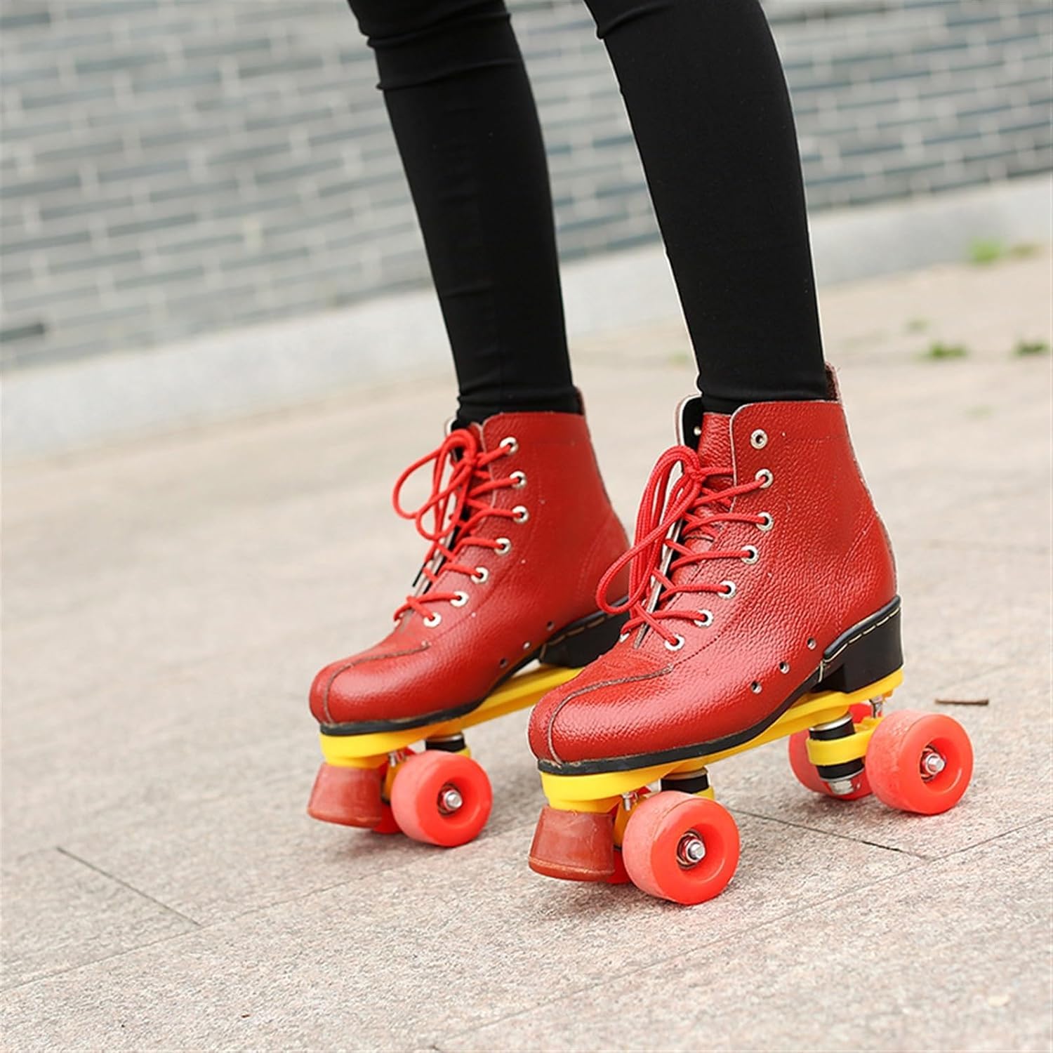 Rindsleder Rollschuhe Damen Und Erwachsen Klassisch Doppelreihe Roll Schuhe Mit 4 Rädern for Herren Unisex, Sport Rollerskates