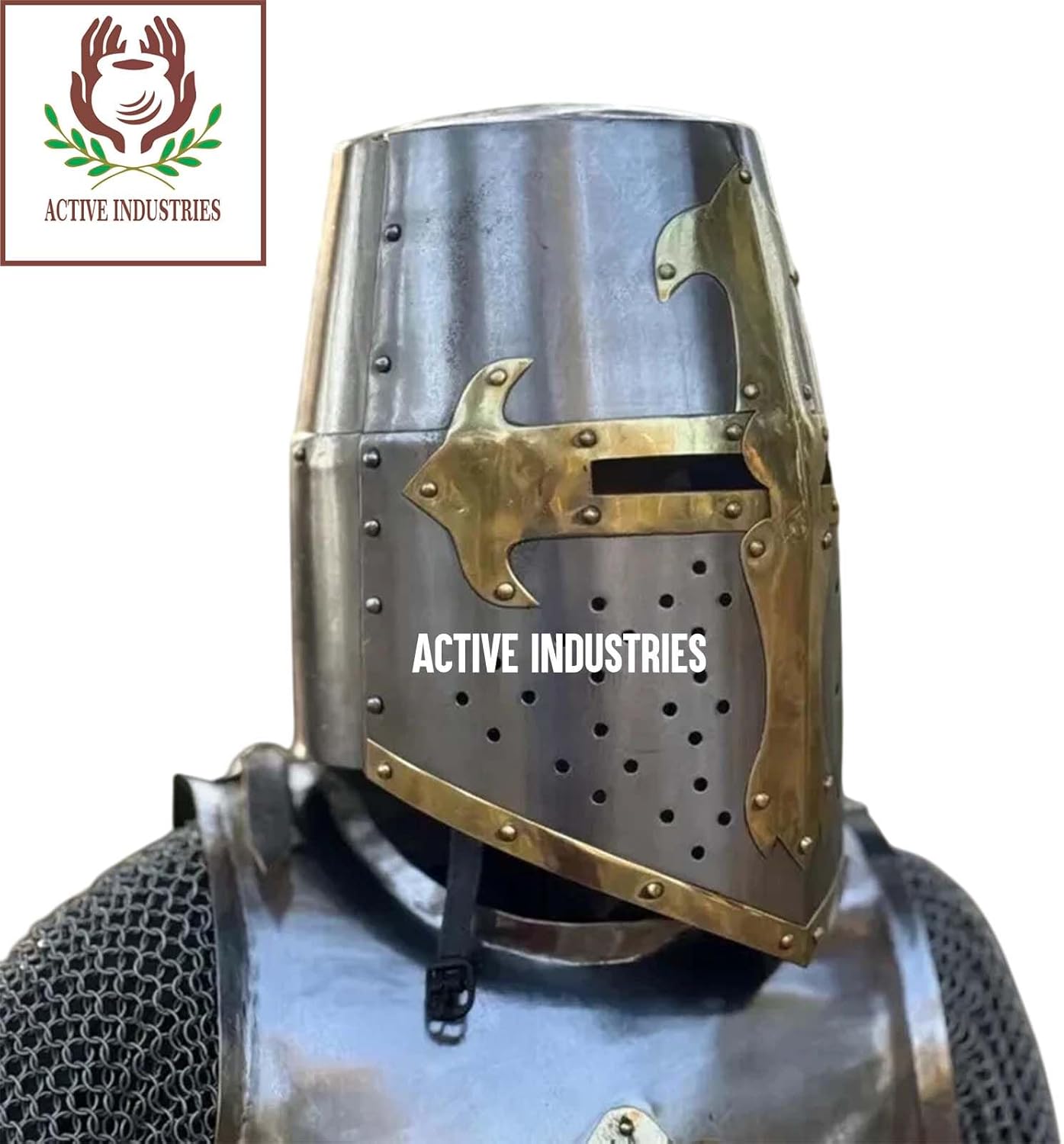Medieval Crusader Armor Set – Helmet with Brass Cross and Breastplate Cuirass for Halloween Cosplay and Roleplay