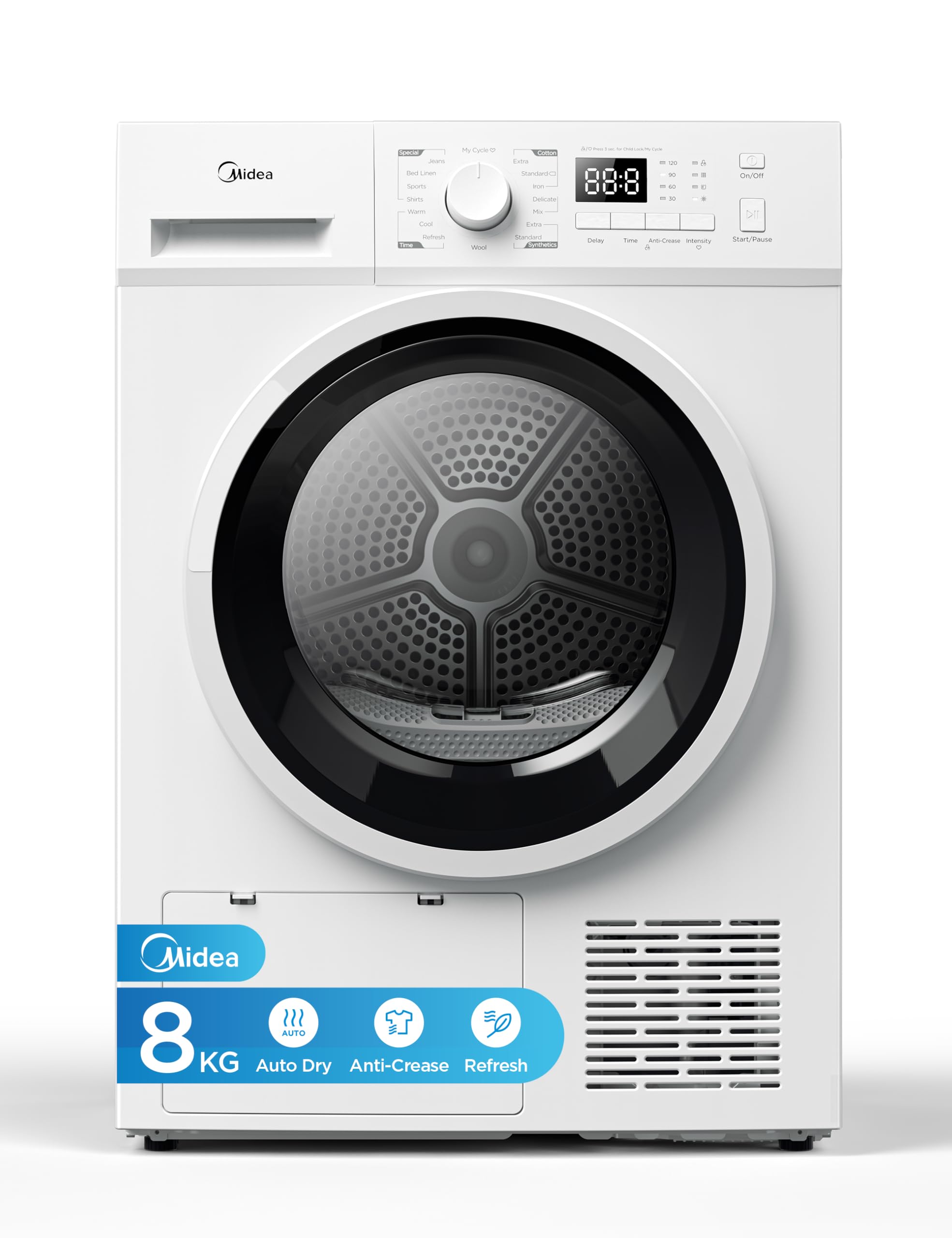 Midea MDG09EH80 Freestanding Heat Pump Dryer, 8kg load, 16 Programmes, Auto-Dry, Anti-Crease, Delay Start, Child Lock, White, Pack 1