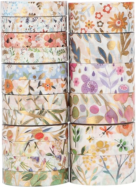 LGEGE 18 Rolls Floral Washi Tape Set, 7.5/15 mm Wide, Colorful Flowers Pattern Gold Foil Print, Japanese Masking Tape Décor for Scrapbook, Bullet Journal, Gift Wrapping, DIY Craft (3m)