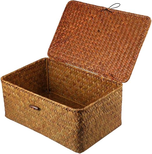 Amazon.com: Hand Woven Seaweed Storage Basket Button Closure Decorative ...