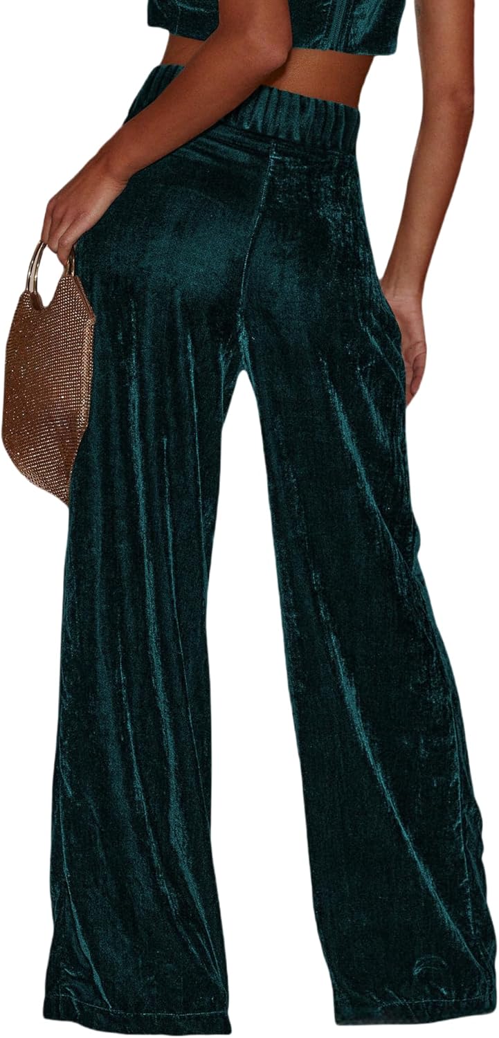 JUMISEE Women’s Velvet Wide Leg Pants Elastic High Waisted Palazzo Pants Business Work Casual Trousers with Pockets - Image 4