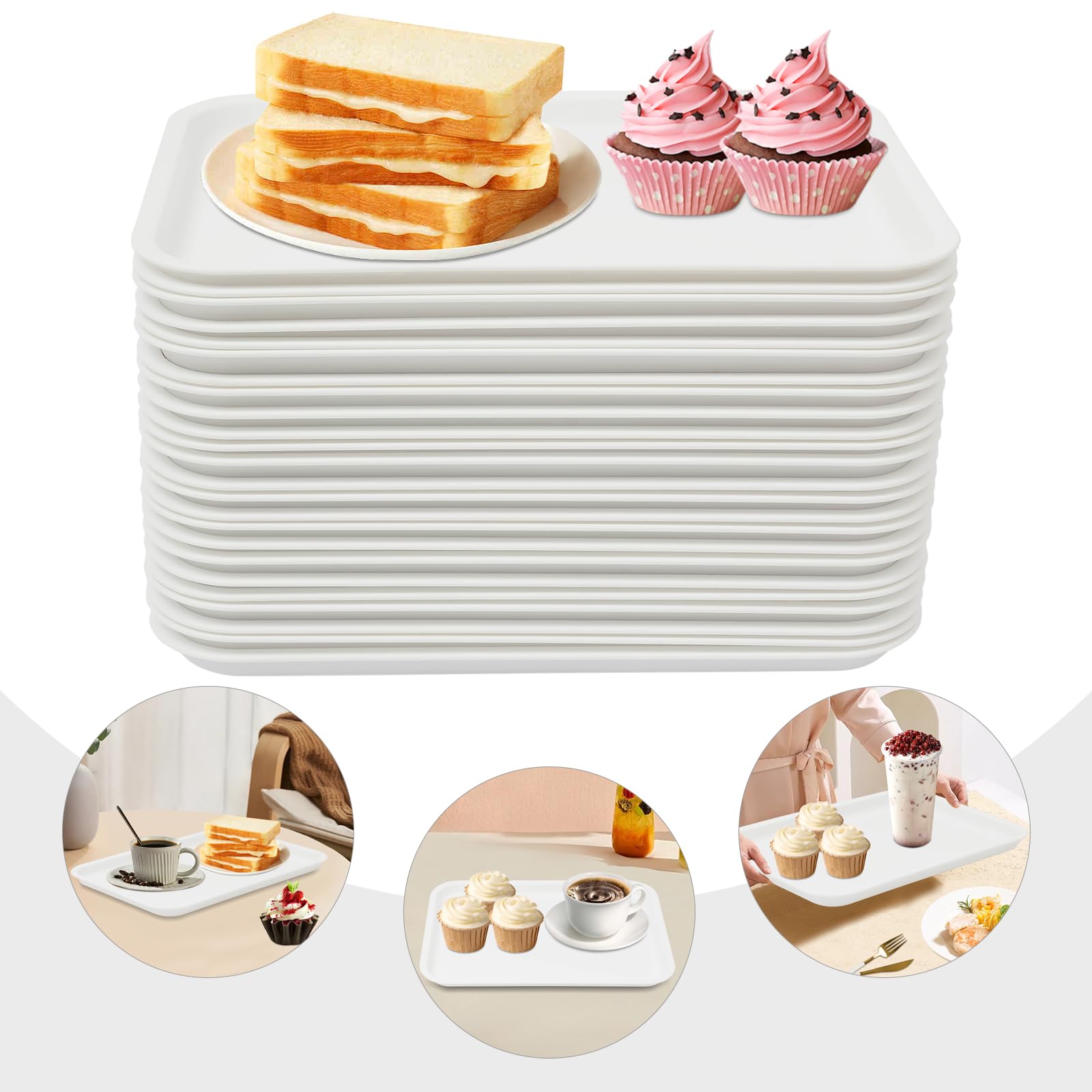 Set di vassoi rettangolari per fast food, vassoi da portata per ristoranti, caffetteria, in PP, 36 x 27 cm, impilabili, per cucina, sala da pranzo, 24 pezzi (bianco)