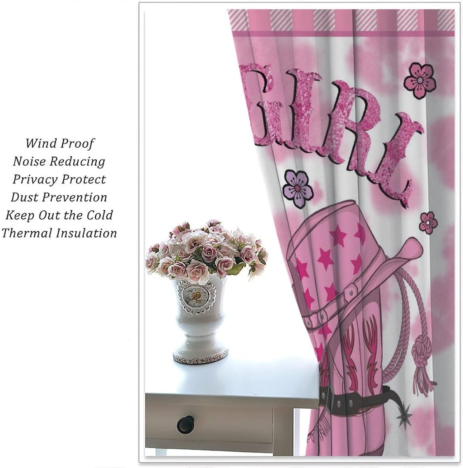 Pink Cowgirl Curtains Wild Western Rustic Farm Cow Fur Print Floral Hats Boots Rod Pocket Blackout Window Treatments for Kids Boys Girls Teens Bedroom Decor W21xL63in 2 Panels