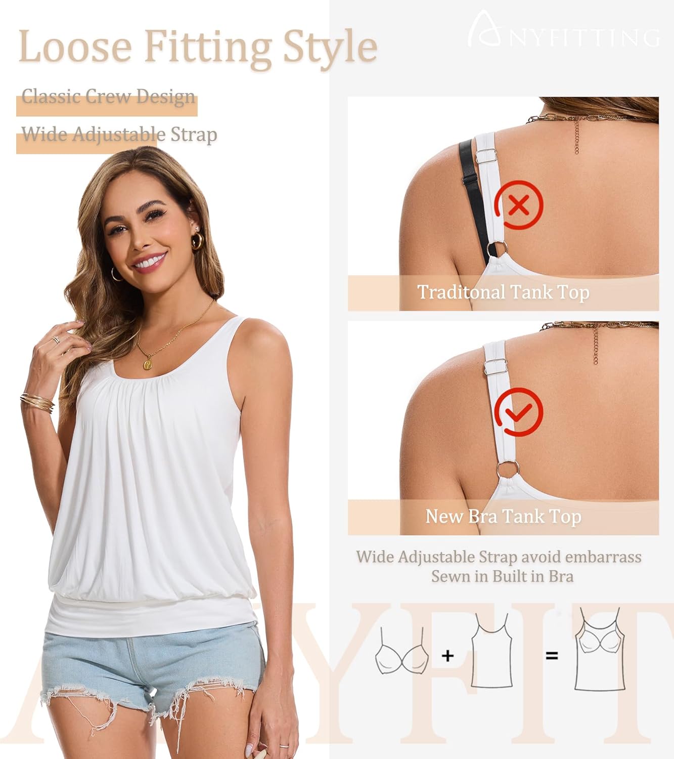 ANYFITTING Women Tank Top with Built in Bra Wide Strap Camisole Blouse Padded Shirt Summer Sleeveless Yoga Top Blouson Tee - Image 4