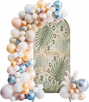 Arch Backdrop Cover,6FT Vintage Poppy Pods Sage Green Fern Leaf Wedding Arch Covers Spandex Stretchy Round Top Backdrop Stand Cover for Birthday Party Shower Banquet Decor,Abstract Botanical
