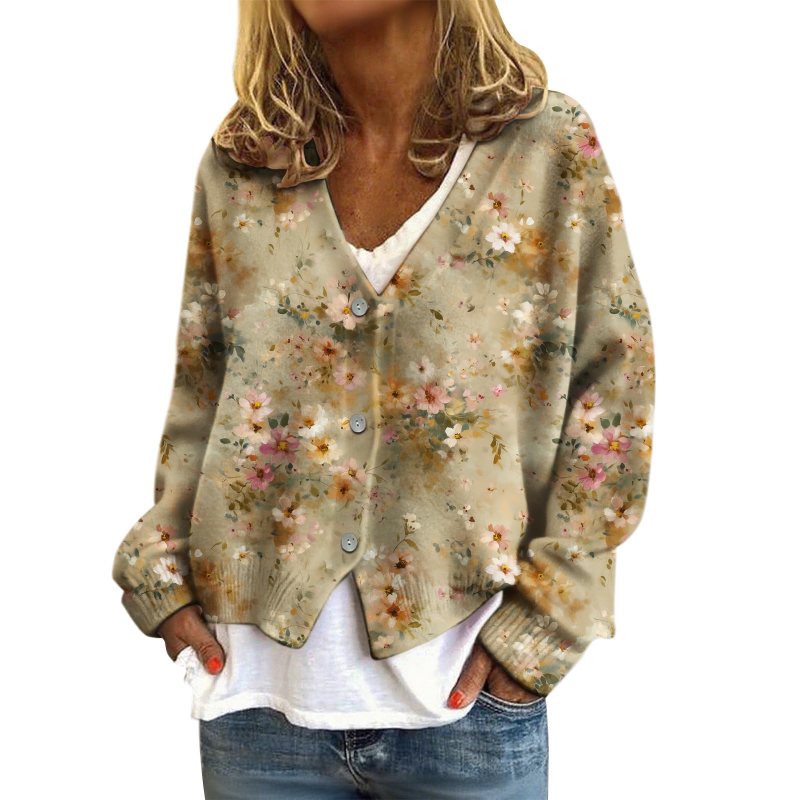 Womens Boho Floral Sweaters Trendy V Neck Daily Wear Fall Winter Jacket Oversized Long Sleeve Casual Cardigans Sweater