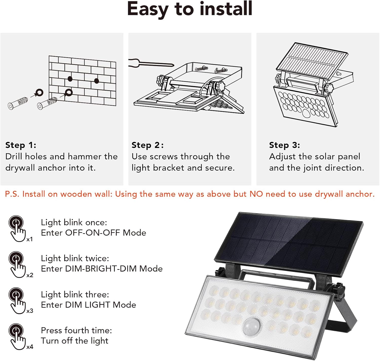 Three step installation guide for OREiN Solar Flood Light: drilling holes, securing bracket, and adjusting solar panel and light direction.