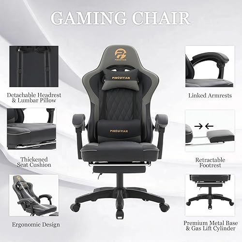 Miniatura 5 de Silla ergonómica para juegos con reposapiés y soporte lumbar, silla de computadora reclinable de piel sintética con respaldo alto y reposacabezas y