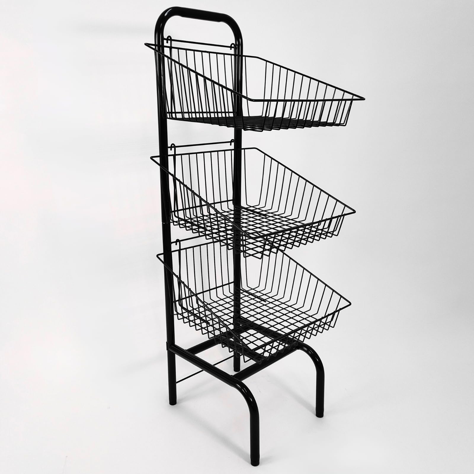 3 Tier Basket Stand – Freestanding Wire Display Rack for Bread, Snacks, Clothes & Toys – Durable Nylon-Coated Merchandising Unit – 1170mm Tall